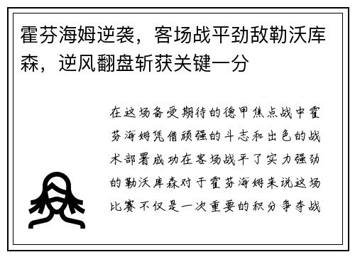 霍芬海姆逆袭，客场战平劲敌勒沃库森，逆风翻盘斩获关键一分