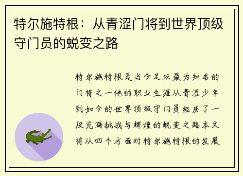 特尔施特根：从青涩门将到世界顶级守门员的蜕变之路