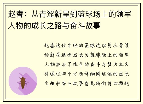 赵睿：从青涩新星到篮球场上的领军人物的成长之路与奋斗故事
