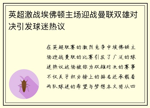 英超激战埃佛顿主场迎战曼联双雄对决引发球迷热议