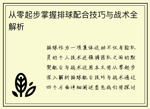 从零起步掌握排球配合技巧与战术全解析
